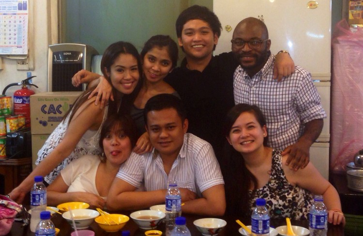 On the 1st row from the left Carol, Eric, and Gail, behind from the left Ella, Patrice, Kim, and a stranger! All young working professionals in Singapore.